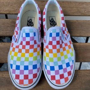 Rainbow Checkered Vans Slip-Ons